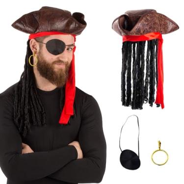 Imagem de Tigerdoe Chapéu de pirata com dreadlocks - chapéu de pirata tricorn - chapéu de pirata caribenho - acessórios de fantasia de pirata (conjunto de 3 peças), marrom, Marrom, tamanho �nico