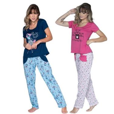 Imagem de Kit 3 Pijamas Longo Vekyo Modas Estampada Manga Curta Feminino Calça e