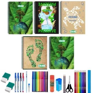 Imagem de Kit 5 Caderno Ecologic 80 Folhas Arame Capa Dura+ 36 Itens - Maxima ca