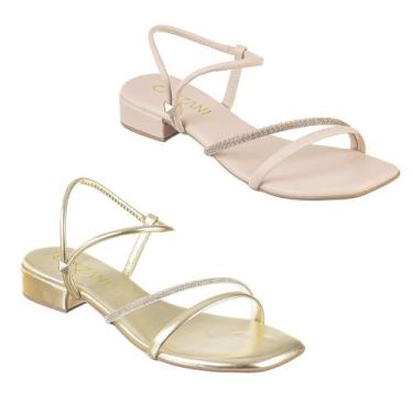 Imagem de Kit 2 Sandalia Feminina Salto Baixo Brilho Dourada Chique - Cassi, 35,