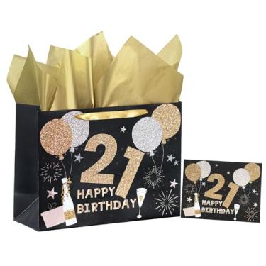 Imagem de WRAPAHOLIC Saco grande de presente de aniversário de 21 anos de 33 cm com cartão e papel de seda - balão dourado preto e design de 21 letras de feliz aniversário