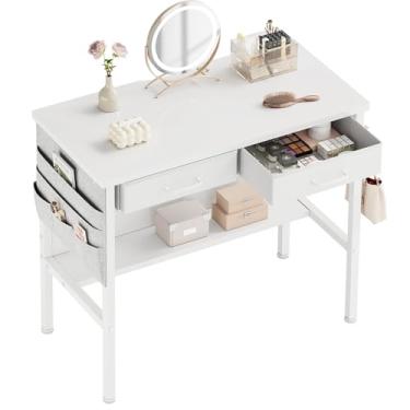 Imagem de Maihail Mesa pequena com gavetas para quarto, pequena penteadeira sem espelho, 80 cm, mesa de escrita com estante, mesa de computador com gavetas de armazenamento, penteadeira sem espelho, branca