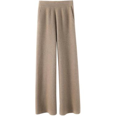 Imagem de Calça feminina confortável de caxemira, calça de corrida macia para outono e inverno de lã com cintura elástica e perna larga reta, preta, P (150-155 cm)