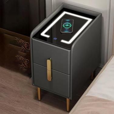 Imagem de Mesa de cabeceira estreita para quarto com estação de carregamento, mesa de cabeceira moderna com gavetas, pequenas mesas laterais de madeira com armazenamento, duas gavetas, com luz, economiza