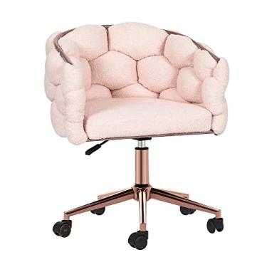 Imagem de Homebeez Cadeiras de escritório em casa estofadas de veludo, 360 cadeiras giratórias com rodas redondas sólidas, cadeira ajustável para estudo, sala de estar, quarto, sala de maquiagem, rosa