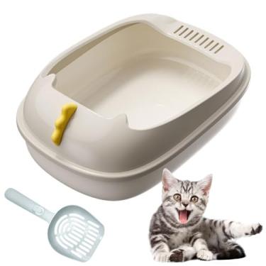 Imagem de RMNHPTK Caixa de areia aberta para gatos, vaso sanitário anti-respingos para gatos com colher de peneiramento de areia para evitar vazamento de areia, caixa de areia para gatos semi-fechada e