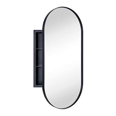 Imagem de EGHOME Armário de remédios para banheiro embutido oval preto fosco com espelho de aço inoxidável emoldurado em metal oblongo armário de banheiro em forma de pílula com espelho 40,6 x 83 cm