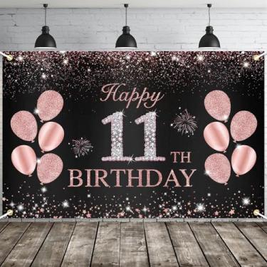 Imagem de JOYKY Banner de feliz aniversário de 11 anos, decorações de festa de aniversário de 11 anos de idade para meninas, decoração de pano de fundo de suprimentos de aniversário de 11 anos, 15 x 9 metros