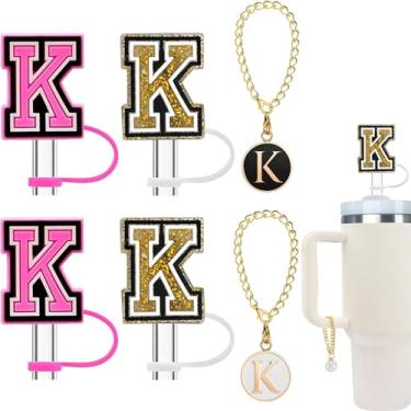 Imagem de Haundry Pacote com 4 capas de canudo para copo Stanley, tampa de palha reutilizável de 10 mm com 2 peças, acessórios de pingente de letra inicial para copo Stanley com alça, ouro rosa K