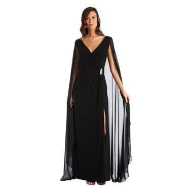 Imagem de R&M Richards Elegante vestido longo sobrepeliz com capa de chiffon e fenda frontal, Preto, 48