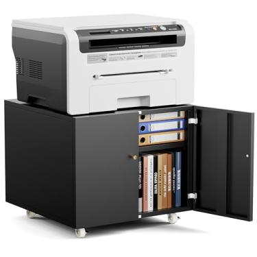 Imagem de Warmiehomy Suporte De Impressora De Metal Com Armazenamento Mesas De Impressora Móveis Para Pequenos Espaços Com Porta Prateleira Ajustável Armário De Arquivo Preto Com Rodas Para Escritório Em Casa