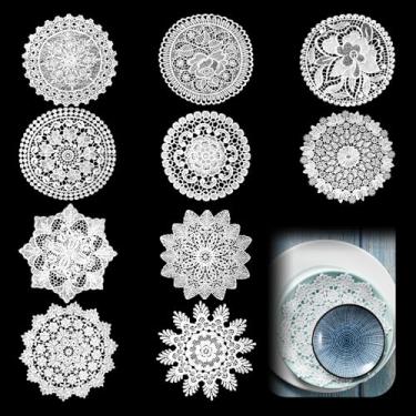 Imagem de Pacote com 10 guardanapos pequenos de renda branca de crochê, jogos americanos vintage, toalhas de renda para mesas, porta-copos de cozinha, festa de aniversário de casamento (branco)