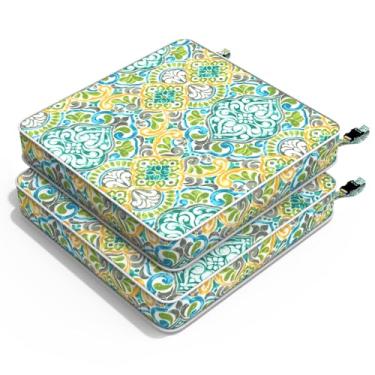 Imagem de Melody Elephant Almofadas para cadeira ao ar livre 55 x 55 x 7 cm, conjunto de 2 almofadas de assento de pátio, cadeiras repelentes de água, almofadas de vime com sofá no jardim, verde damasco