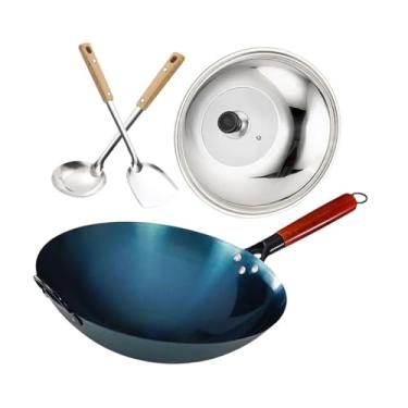 Imagem de IEUDNS Iron wok panela com tampa e colher chef de utensílios de cozinha para fervura a gás Fry Fry Fry Wok tradicional para cozinhar em casa, Diâmetro Da
