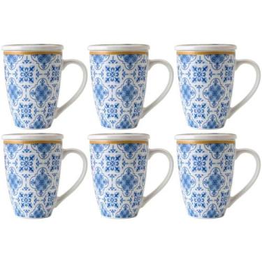 Imagem de Conjunto 6 Canecas de Porcelana para Chá 310ml com Tampa e Filtro Inox