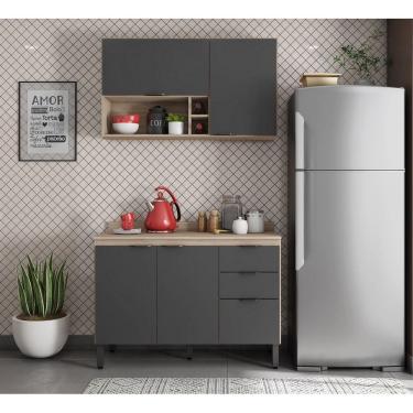 Imagem de Balcão Firenze 120m com Tampo MDP e Armário Suspenso 2 Portas e Nicho porta Temperos e Garrafas -  Avena Touch/ Grafito Demóbile 