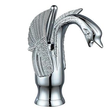 Imagem de Torneira de lavatório de banheiro em forma de cisne de latão antigo com um orifício torneira misturadora estilo tradicional montada no convés, branco dourado alto (cromo curto)