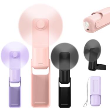 Imagem de JODNO Mini ventilador portátil portátil, ventilador 3 em 1 pequeno recarregável operado por bateria com carregador portátil e lanterna, ventiladores USB pessoais de bolso dobrável, presentes para