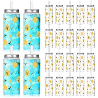 Imagem de Baderke Conjunto de 12 garrafas plásticas de suco de abelha com tampa e canudos, frascos transparentes de 382 g, garrafa de água de plástico com tema de abelha para smoothies, sucos, batidos, bebidas