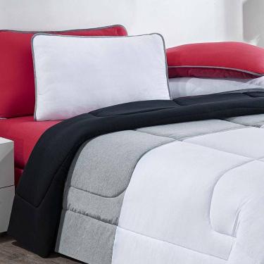 Imagem de Kit Edredom + Jogo De Lençol Malha 100% Algodão Urbano 5 Peças Solteiro - Branco-mescla-vermelho