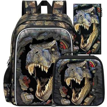 Imagem de ZLYERT 16" Dinosaur Backpack for Boy, 3Pcs Kids School Bookbag for Elementary Preschool Kindergarten, School Backpacks with Lunch Box(Black)