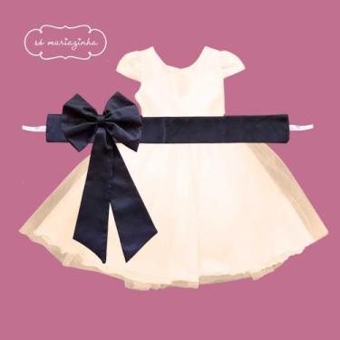 Imagem de Vestido longo Off White com Faixa e Laço AZUL MARINHO Infantil Festa e