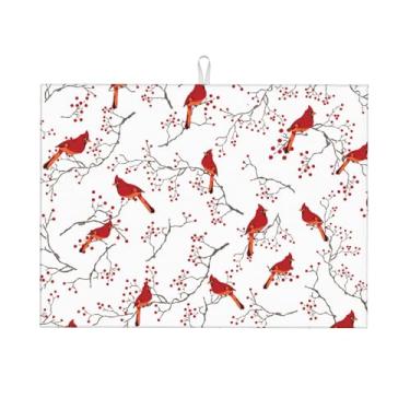 Imagem de TNOKKU Tapete De Microfibra Para Secar Pratos Cardinal Bird Red Berry Decor, Bancada Cozinha, Escorredor Fofo, 18" X 24", Absorvente, Lavável, Reutilizável, Casa E Feriados