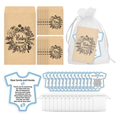 Imagem de 100 peças de lembrancinhas de chá de bebê, pacotes de sementes de flores, envelopes de sementes de plantas para bebês em flor, 100 cartões de agradecimento, 100 sacos de presente de organza para chá