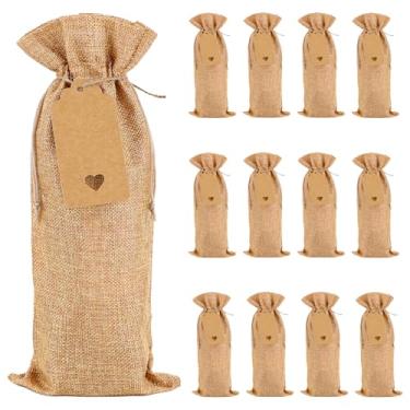 Imagem de BUNCHBRAVO Pacote com 12 sacos de vinho de serapilheira com etiquetas de presente e corda de juta, sacos de garrafa de vinho rústicos com cordão para casamentos, festas e feriados, marrom rústico