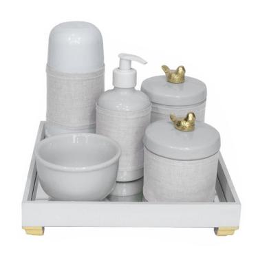 Imagem de Kit Higiene Bebê Potes Porcelana Térmica Passarinho Dourado - Potinho 