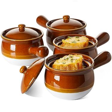 Imagem de LE TAUCI Tigelas de sopa de cebola francesa, tigelas de sopa de 650 ml com alças, tigelas de sopa com tampas para sopa, cereais, pimenta, ensopado de carne, potes de sopa de cebola francesa seguros para forno, conjunto de 4 tigelas de servir empilháveis