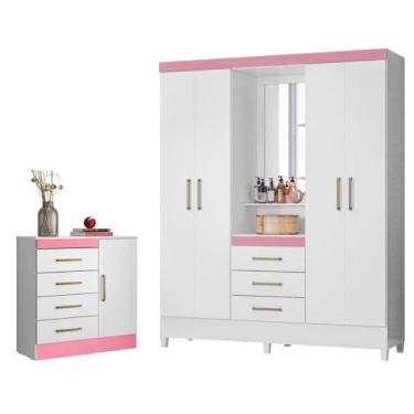Imagem de Conjunto Quarto Guarda Roupa e Comoda Arezzo Branco Rosa - CASA H