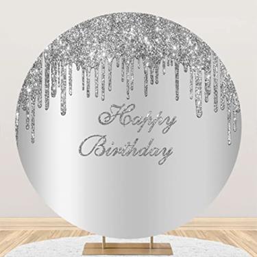 Imagem de Yeele 2,1 x 2,1 m prata feliz aniversário capa de fundo redondo poliéster pingando glitter fotografia fundo para meninas, 16, 18, 21, 30, 40, 50 anos, decoração de festa de bolo, banner