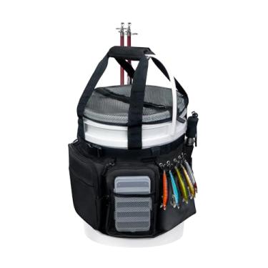 Imagem de WTVIDAS Organizador de balde de pesca com capa de balde, bolsa de equipamento de pesca no gelo com suporte para vara e alicate, vários bolsos para armazenamento de acessórios de pesca e barco de 14
