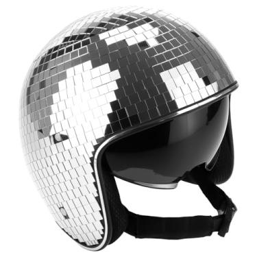 Imagem de QWORK Capacete bola de discoteca decoração de festa com viseira retrátil e design de chapéu de cowboy - Boné de vidro com glitter feito à mão
