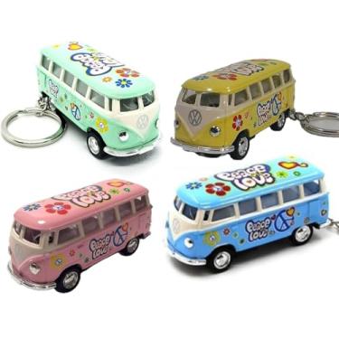 Imagem de KiNSMART 1962 Volkswagen Classic Hippie Love & Peace Bus 1:64 Scale 2.5 Inch Die Cast Metal Model Key Chain, Pullback Action (-SetOf4)