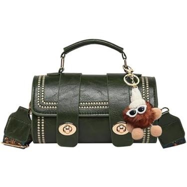 Imagem de RTGGSEL Bolsa tiracolo de malha acolchoada para mulheres pequena bolsa quadrada bolsa de mão com pingente de boneca de coelho, Verde