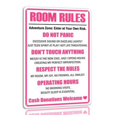 Imagem de Generic Room Rules Placa de lata engraçada fofa placa de metal rosa para decoração de quarto de menina adolescente para quarto de meninas, clube, sala de festas, 20 x 30 cm