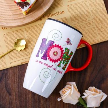 Imagem de Bloom Valley Caneca de cerâmica para café Dia das Mães Caneca de porcelana Xícara de chá latte com tampa 500 ml MOM