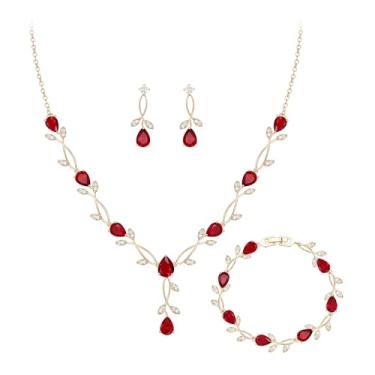 Imagem de Crysdue Conjunto de joias de casamento para noivas damas de honra, zircônias cúbicas deslumbrantes lágrimas marquise folha de marquise colar pingente de pingente de pulseira de tênis nupcial brincos