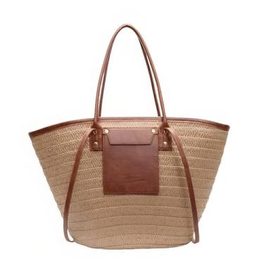Imagem de Bolsa feminina de palha, bolsas de praia de verão, bolsa de ombro feita à mão, bolsa de ombro tecida, bolsas grandes de palha, B - cáqui