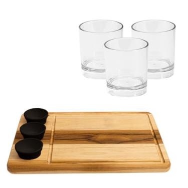 Imagem de Conjunto Kit Wooden Glow Tábua Retangular Corte Churrasco Frios Madeira Acompanha Ramequim Com 3 Taças de Vinho Ou 3 Copos Whisky (3, Preto - Whisky)