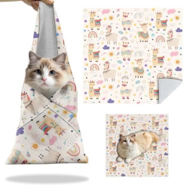 Imagem de Envoltório para gatos para cortar unhas, tecido para cuidados com gatos restrição tema alpaca, anti-arranhões, multifuncional autoadesivo para gatos envoltório burrito, ferramenta para limpeza de