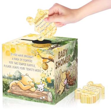 Imagem de 50 peças de bilhetes de sorteio de fraldas Winnie com caixa de cartão sorteio de fraldas - Jogo de cartas com inserção de convite de festa de revelação de gênero - caixa de cartão de chá de bebê