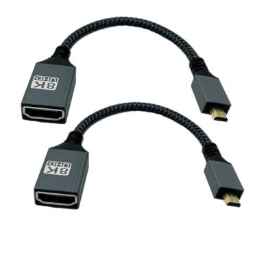 Imagem de Cabo adaptador micro HDMI para HDMI 8K UHD, cabo adaptador micro HDMI macho para HDMI fêmea, 8K @60Hz, 4K @120Hz HDR 3D 48Gbps alta velocidade, cabo de nylon trançado, preto, pacote com 2 15 cm