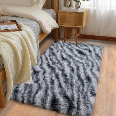 Imagem de Ailyei Tapetes macios para corredores de quarto, 5 x 10 cm preto e branco felpudo tapete antiderrapante para dormitório de cabeceira, tapete peludo longo e felpudo para berçário e sala de estar