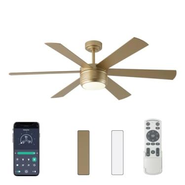 Imagem de SHOWDI Ventilador de teto com luzes e controle remoto, temporizador de controle de aplicativo de 6 lâminas, reversível, brilho contínuo e temperatura de cor, ventilador de teto de madeira ao ar livre