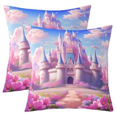 Imagem de Manfei Capa de almofada de desenho animado castelo floral castelo sonhador feminino dupla face estampa quadrada capa de almofada de princesa de conto de fadas para cama sofá sofá, decoração de quarto