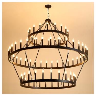 Imagem de CoyRizds Lustre de roda de vagão preto vintage 152 cm, 78 luzes, luminária de candelabro redondo extra grande de 3 camadas para tetos altos, sala de estar, sala de jantar, entrada