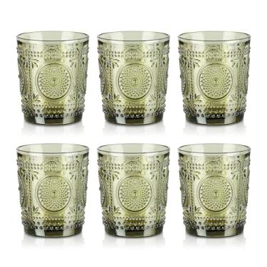 Imagem de Joeyan Copos de beber vintage verdes, copo de vidro pequeno de girassol em relevo, 325 ml, copos coloridos com contas Boho para bebidas, suco, uísque, coquetel, cerveja, vinho, conjunto de 6, pode ser